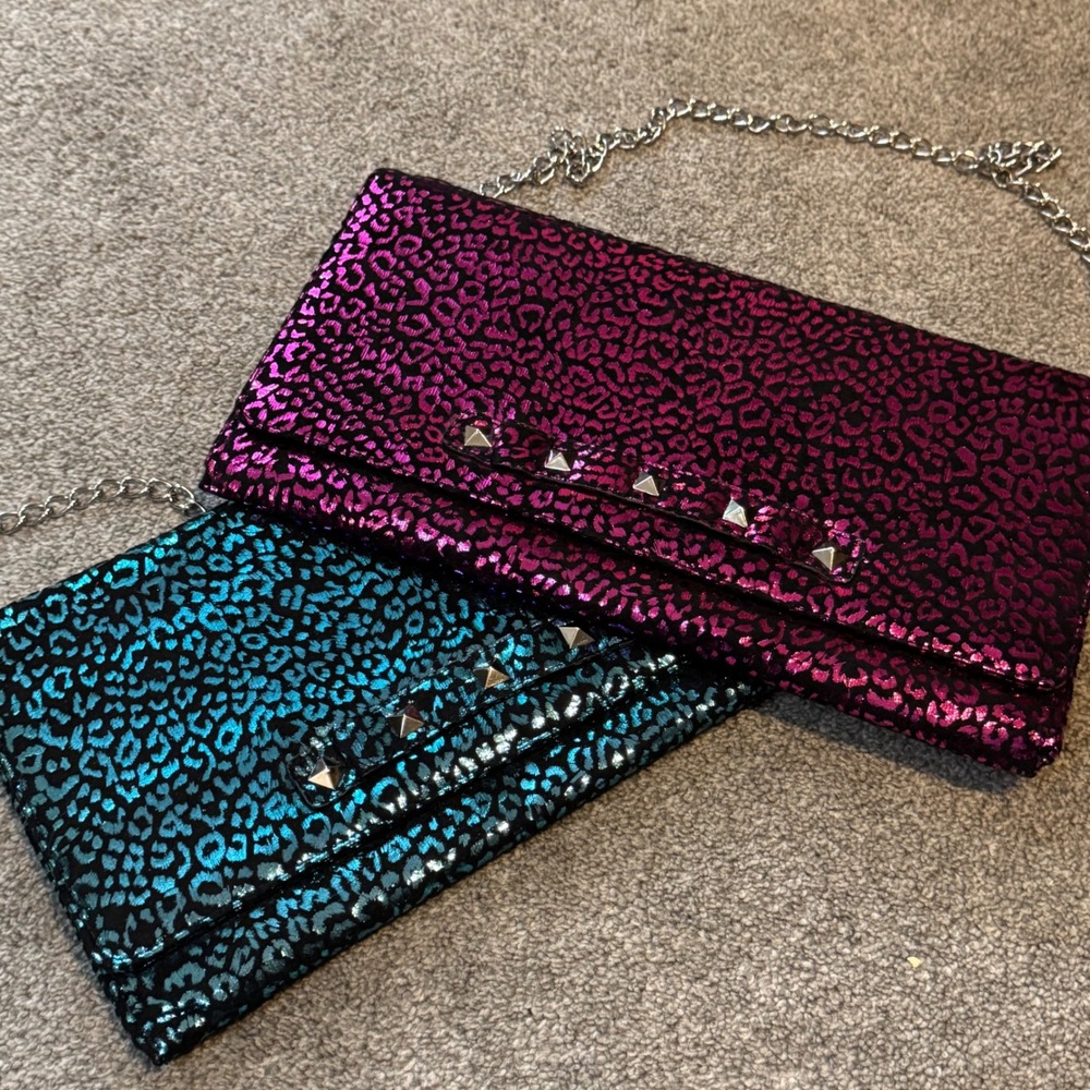Betsey Johnson Large Clutch Blue & Pink Leopard Studded Chain Strap Evening Bag